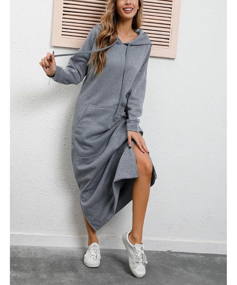 Hoodies Dress for Women Fashion  2024 Hem Lace-up Midi Robe Hooded Long Vestidos Winter Warm Casual Loose Sweatshirt Dress
