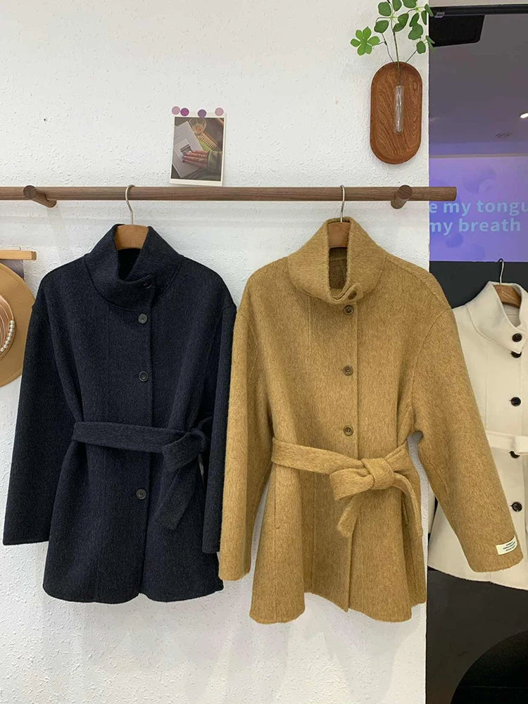 Double Sided Cashmere Coat For Women Winter Temperament Stand Collar Tied Woolen Overcoat Female Loose Waist Woolen Clothes