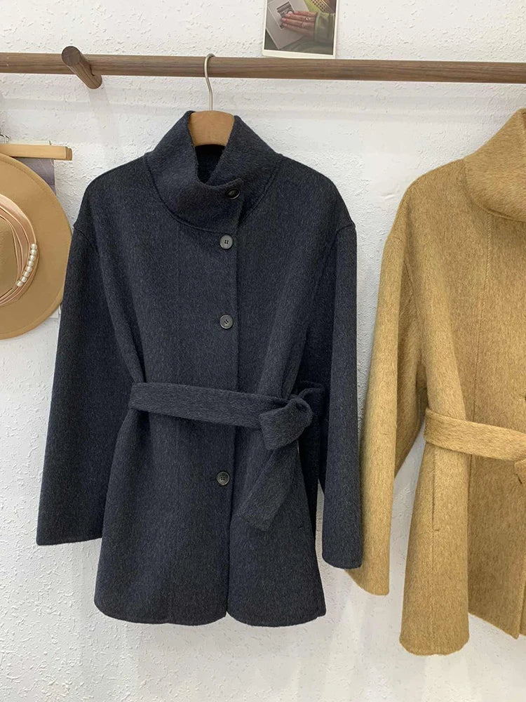 Double Sided Cashmere Coat For Women Winter Temperament Stand Collar Tied Woolen Overcoat Female Loose Waist Woolen Clothes