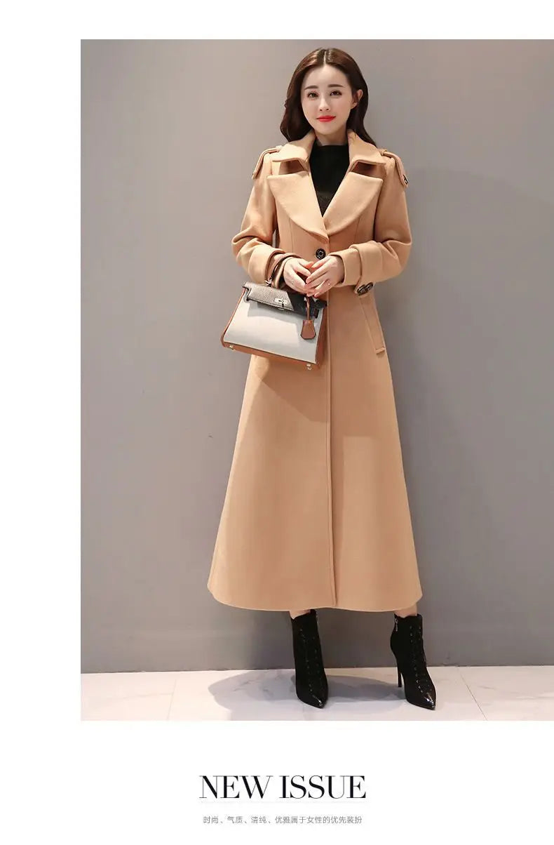 Women's Long Woolen Coat 2023 Spring Autumn New Korean Waist Slimming Over-Knee Thick Keep Warm Woolen Coat Lady Overcoat