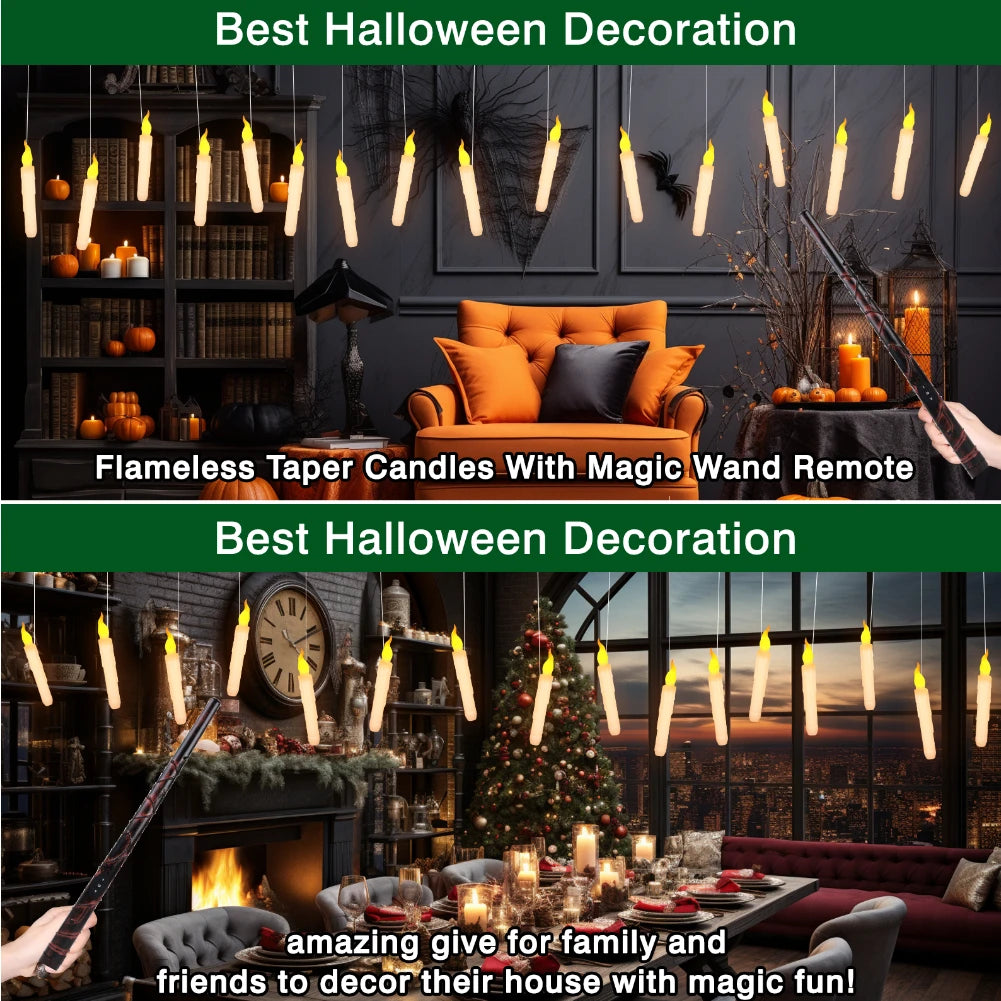 Floating Candles with Magic Wand Remote Control Flickering Warm Light Flameless Taper Candle for Christmas/Wedding/Party Home