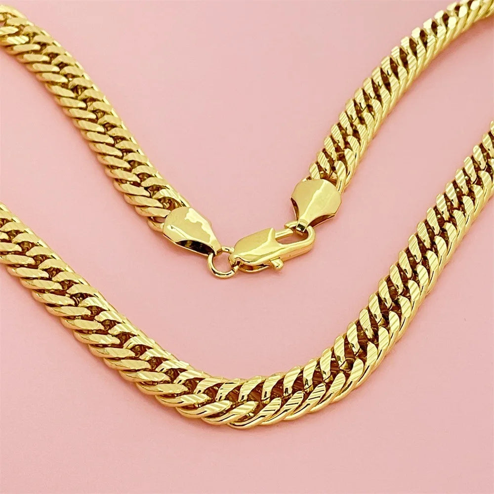 Men's 10MM 60CM Sideways Carved Chain, 24K Gold, AU999 | Gradient gold with gear motifs, youthful edge for modern trendsetters.