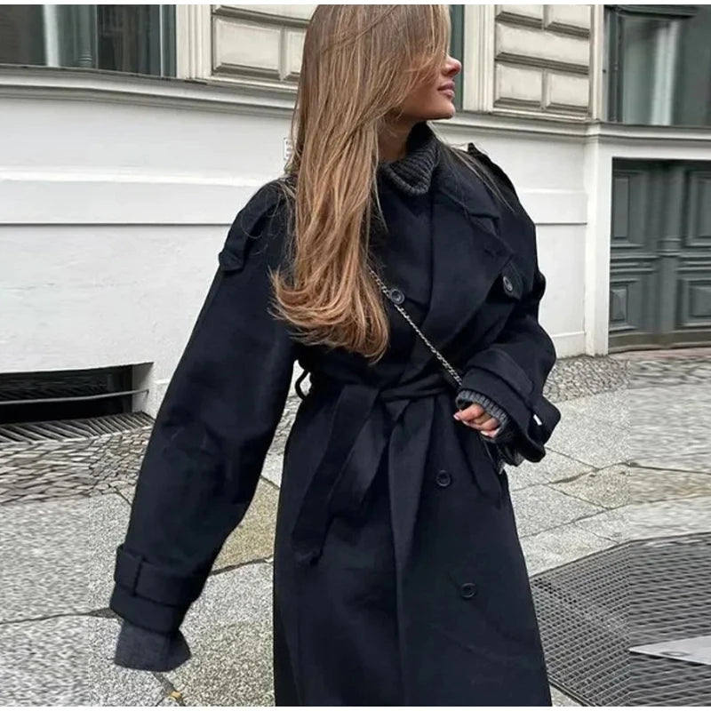 Woolen Breasted Long Coat Women Lapel Double Breasted Casual Pocket Chic Elegant Outwear Autumn Winter Street Lady Overcoat