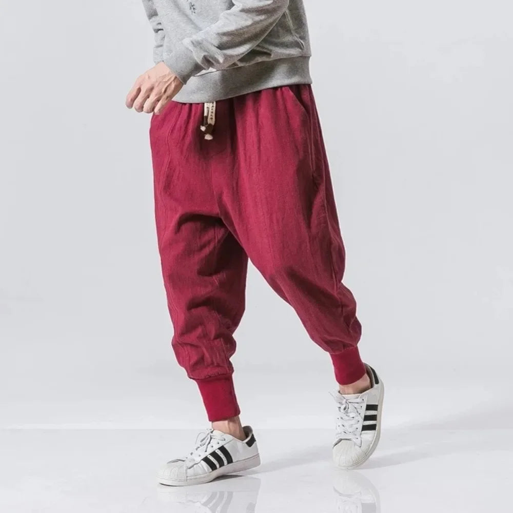 Men Harem Pants Streetwear Cotton Linen Joggers New Baggy Hip Hop Fashion Pants Casual Solid Trousers Male Trendy Sweatpants