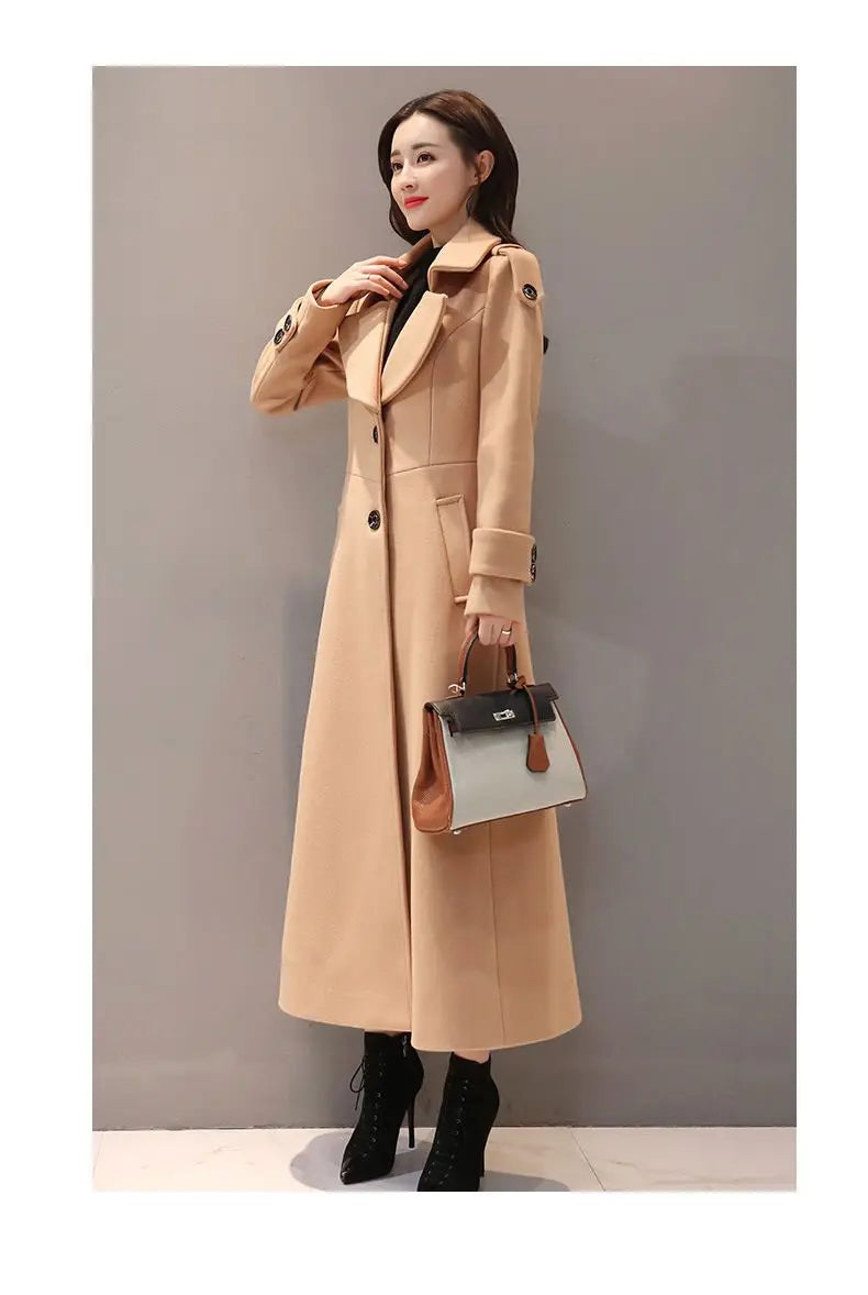 Women's Long Woolen Coat 2023 Spring Autumn New Korean Waist Slimming Over-Knee Thick Keep Warm Woolen Coat Lady Overcoat