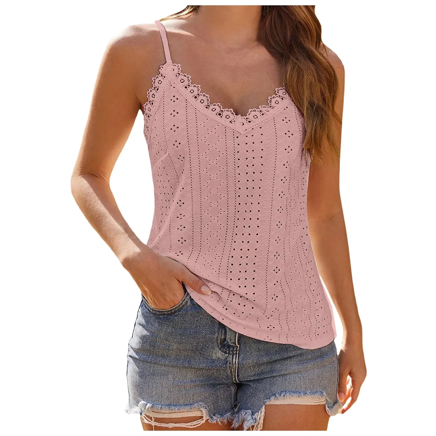 Women'S Tank Top V Neck Lace Camisole Casual Cute Summer Top Loose Fit Creme Crop Top Thin Strap Shirt Vest Clothing Woman