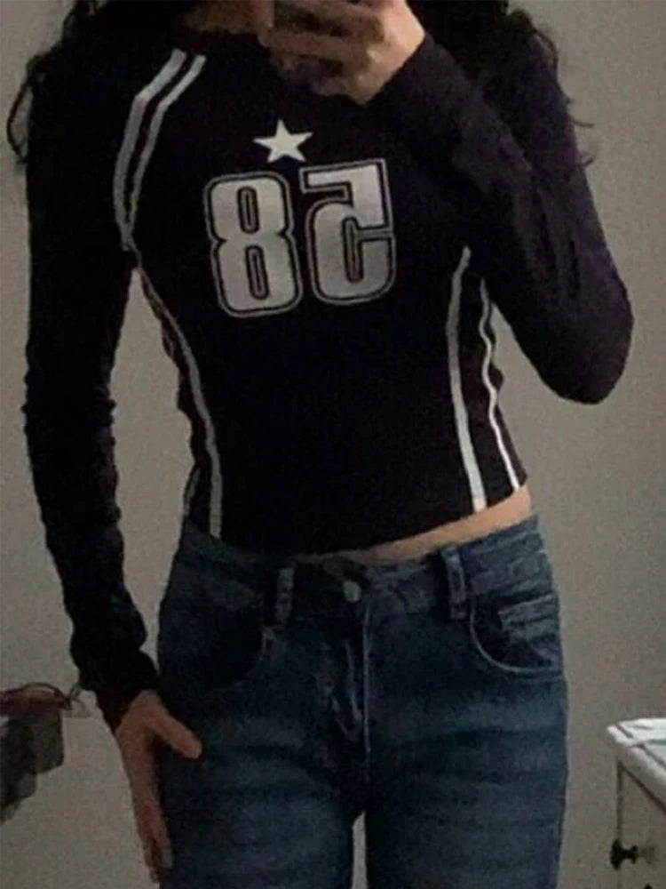 Gothic Women's Long sleeved Open Umbilical Dress Letter Printing Casual Korean Women's Top Y2k Clothing EMO