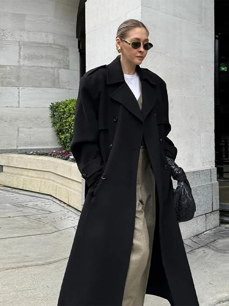 Woolen Breasted Long Coat Women Lapel Double Breasted Casual Pocket Chic Elegant Outwear Autumn Winter Street Lady Overcoat