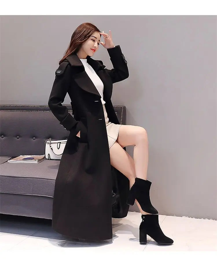 Women's Long Woolen Coat 2023 Spring Autumn New Korean Waist Slimming Over-Knee Thick Keep Warm Woolen Coat Lady Overcoat