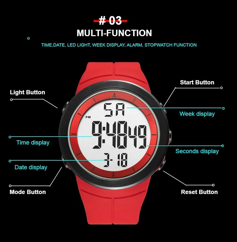 Digital Watches for Men Black 50M Diving Tactical Wristwatch Big Dial Waterproof Electronic Led Military Clocks Alarm Stopwatch