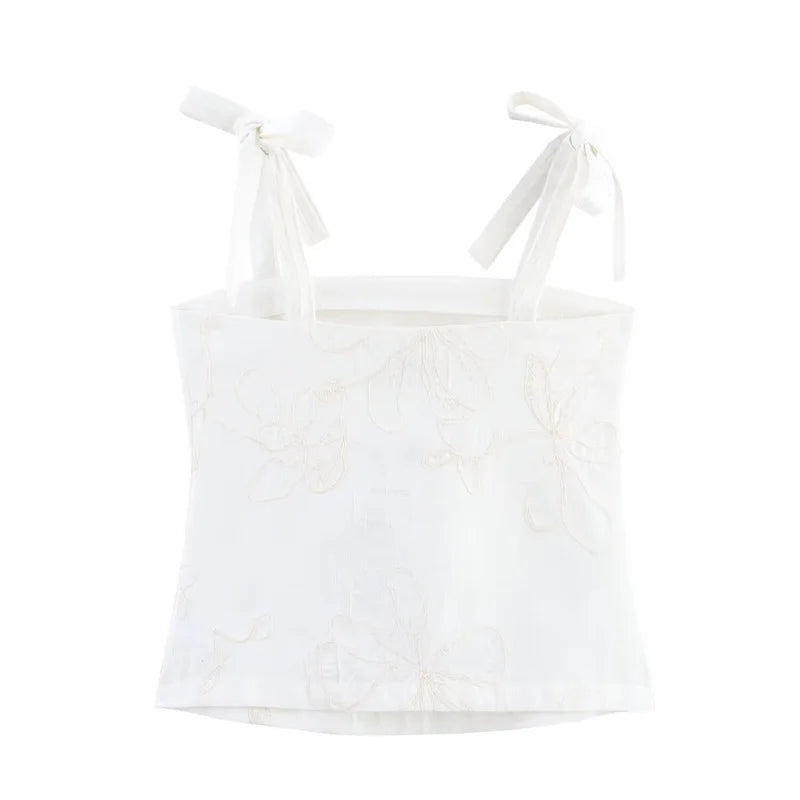 Women's suit New Summer 2025 White Camisole Wide-leg Pants Set Embroidered Trim Sexy Casual Personality Fashion