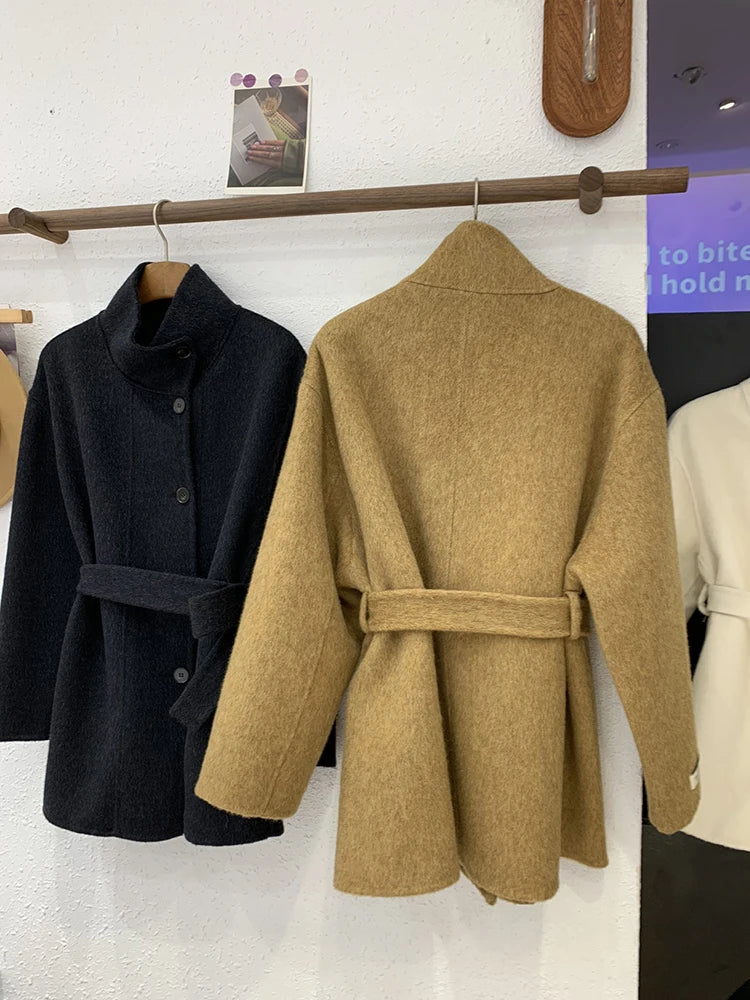 Double Sided Cashmere Coat For Women Winter Temperament Stand Collar Tied Woolen Overcoat Female Loose Waist Woolen Clothes