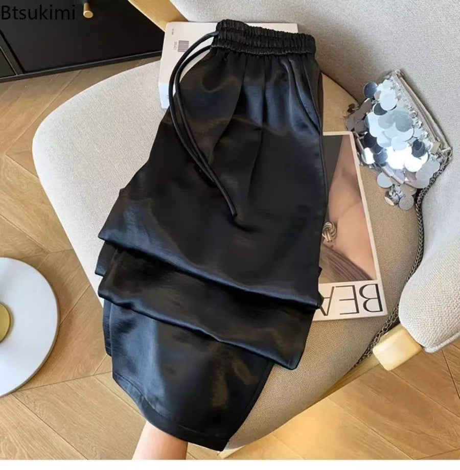 2025 Women's Loose Casual Trousers Summer New Lightweight Satin High Waist Wide Leg Pants Vintage All-match Straight Pants Femme