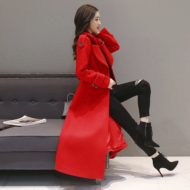 Women's Long Woolen Coat 2023 Spring Autumn New Korean Waist Slimming Over-Knee Thick Keep Warm Woolen Coat Lady Overcoat