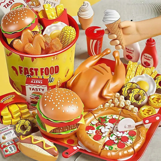 Kid Kitchen Toy Set Simulation Make Hamburger Pizza Fries Pretend Play Food Cooking Cutting Game Montessori Interactive Toy Gift