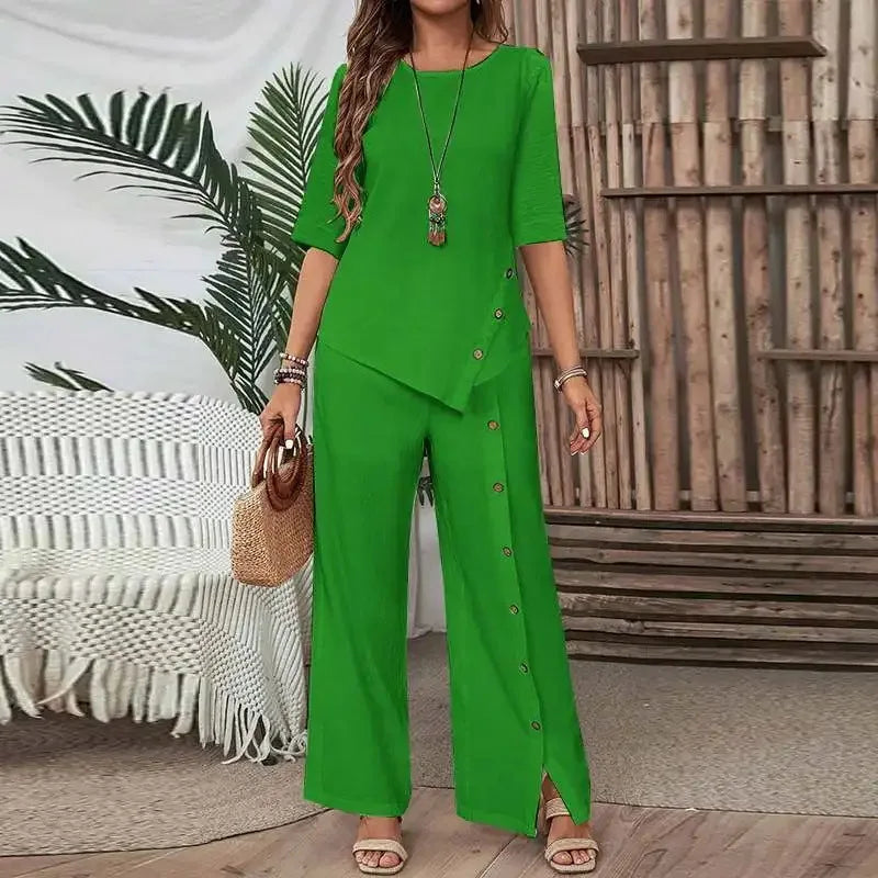 Women's Irregular Hem Trousers Set Summer Elegant Fashion Casual Button Short-sleeved Shirt Loose Casual Trousers Two-piece Set