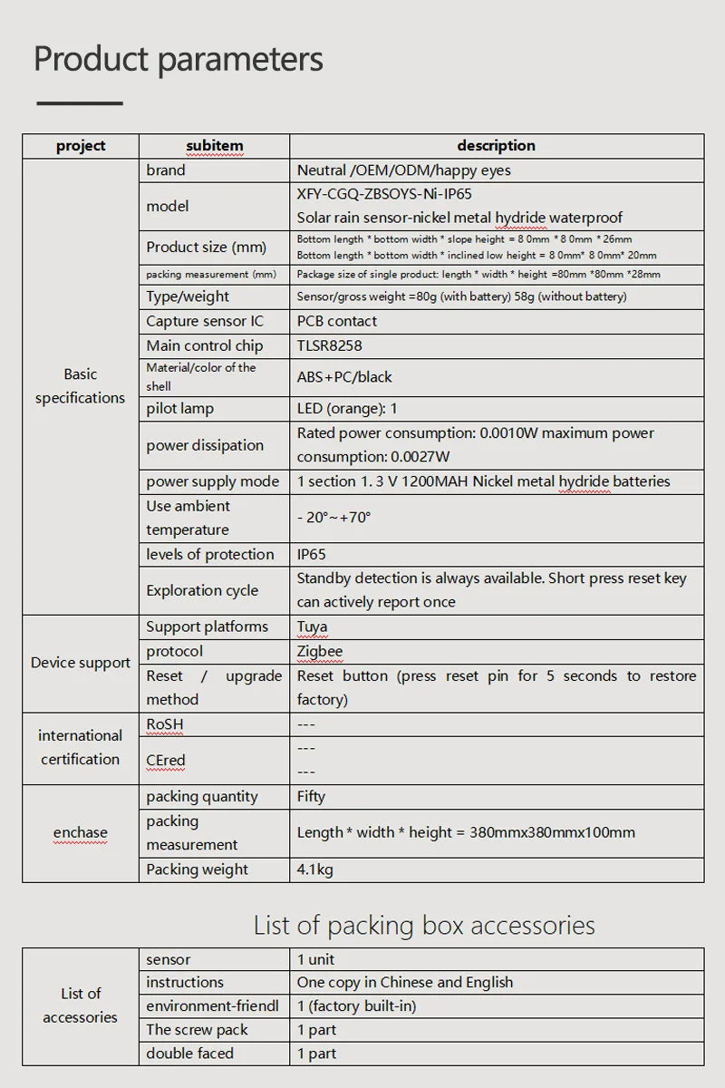 Smart Home Zigbee Solar Charging Real-time Rainwater Detector Smart Life App Controlled Wireless Solar Rain Sensors