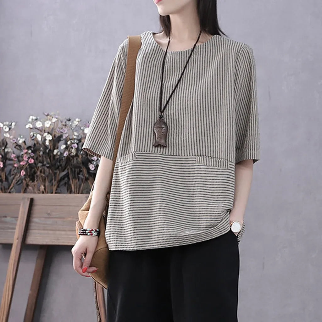 Women's Tops Fashion Loose Casual Vintage Stripe Print Floral Short Sleeves Top Blouse