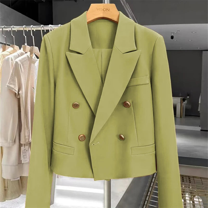 Women's Short Suit Jacket  Autumn 2025 Female Casual Suit Double-breasted Office Lady Solid Coffee Turndown Collar Blazers Women