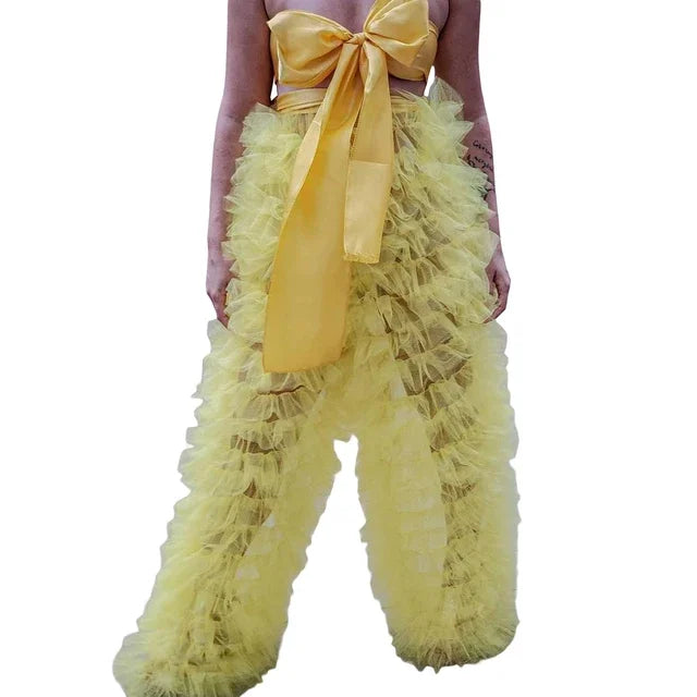 Women Pants Tulle Pants Solid Patchwork Multi-Layer Ruffle Yarn High Waist Female Trousers Fashion Trousers Club Party Costumes