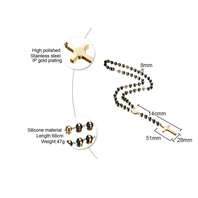 Long Chain Rosary Necklace for Men Women,Stainless Steel Bead Chain Cross Pendant Jewelry