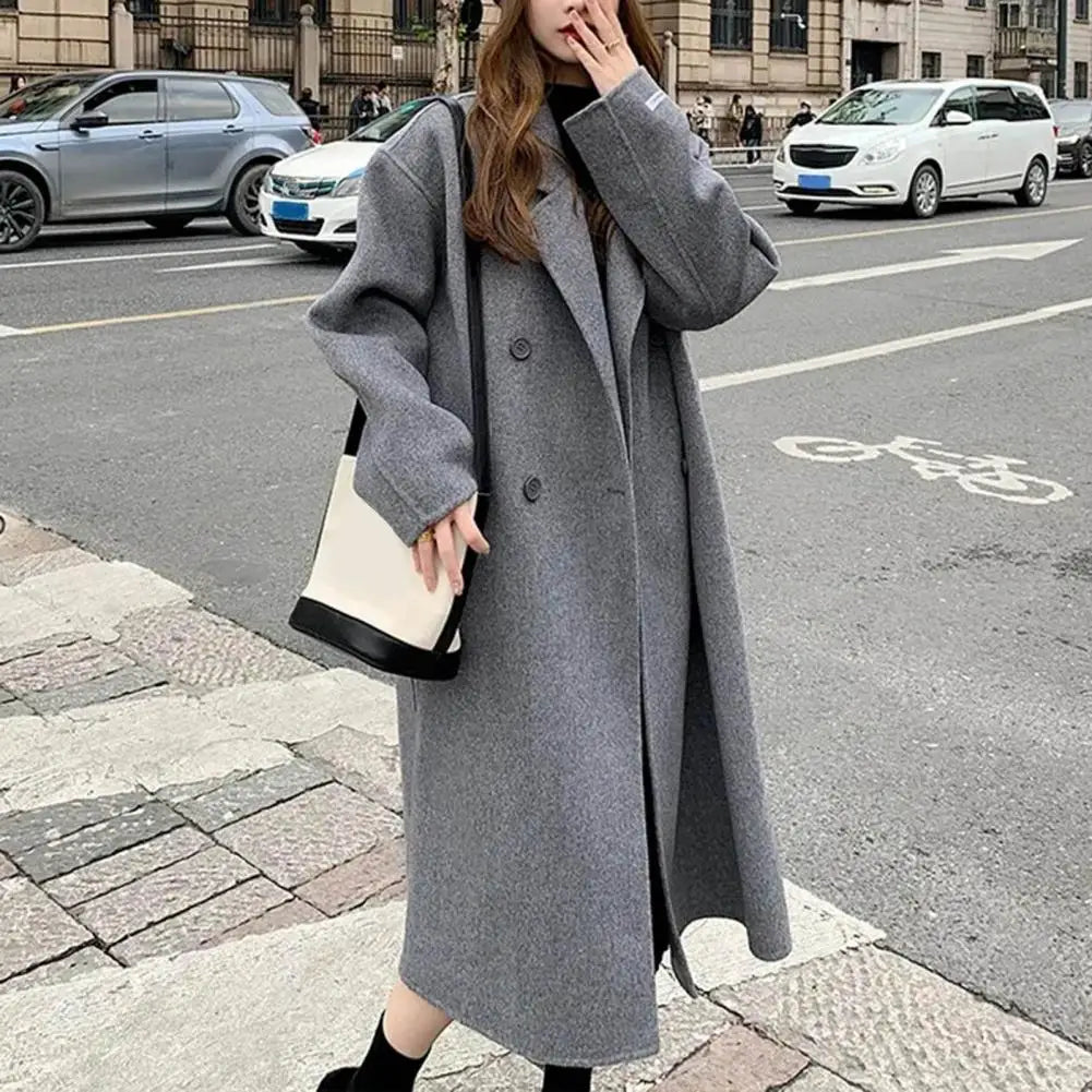 Women Woolen Coat Double-Breasted Autumn Winter New Fashion Loose Long Trench Coat Retro Loose Female Overcoat Ladies Windbreak