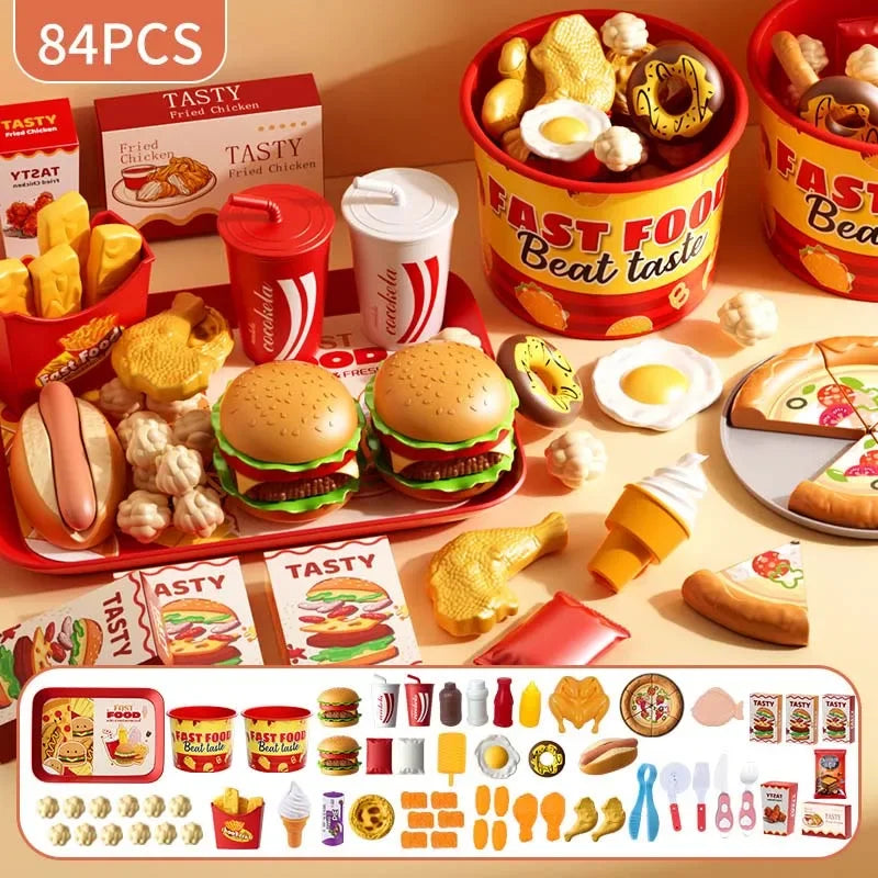 Kid Kitchen Toy Set Simulation Make Hamburger Pizza Fries Pretend Play Food Cooking Cutting Game Montessori Interactive Toy Gift