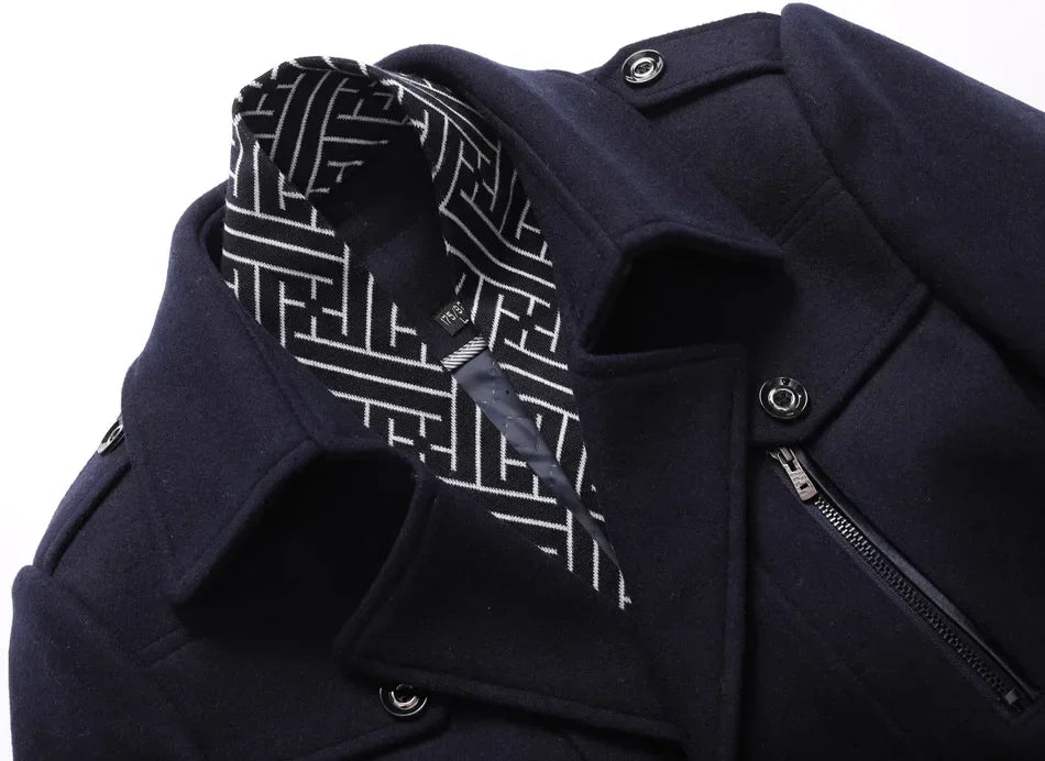 Men's Woolen Coats Fashion Thicken Mid Length Trench Turn Down Collar Warm Outerwear Business Casual Wool Coat