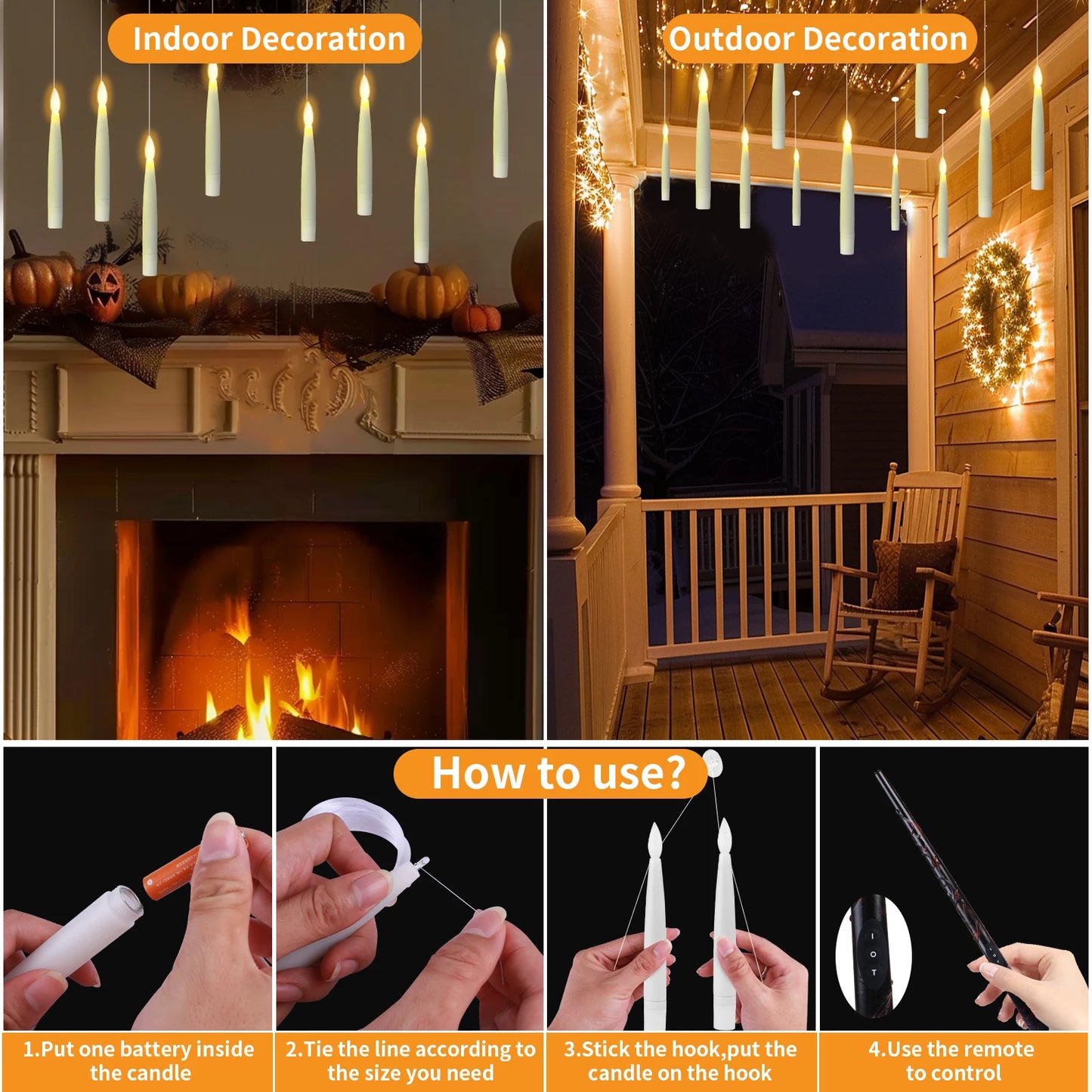 Floating Candles with Magic Wand Remote Control Flickering Warm Light Flameless Taper Candle for Christmas/Wedding/Party Home