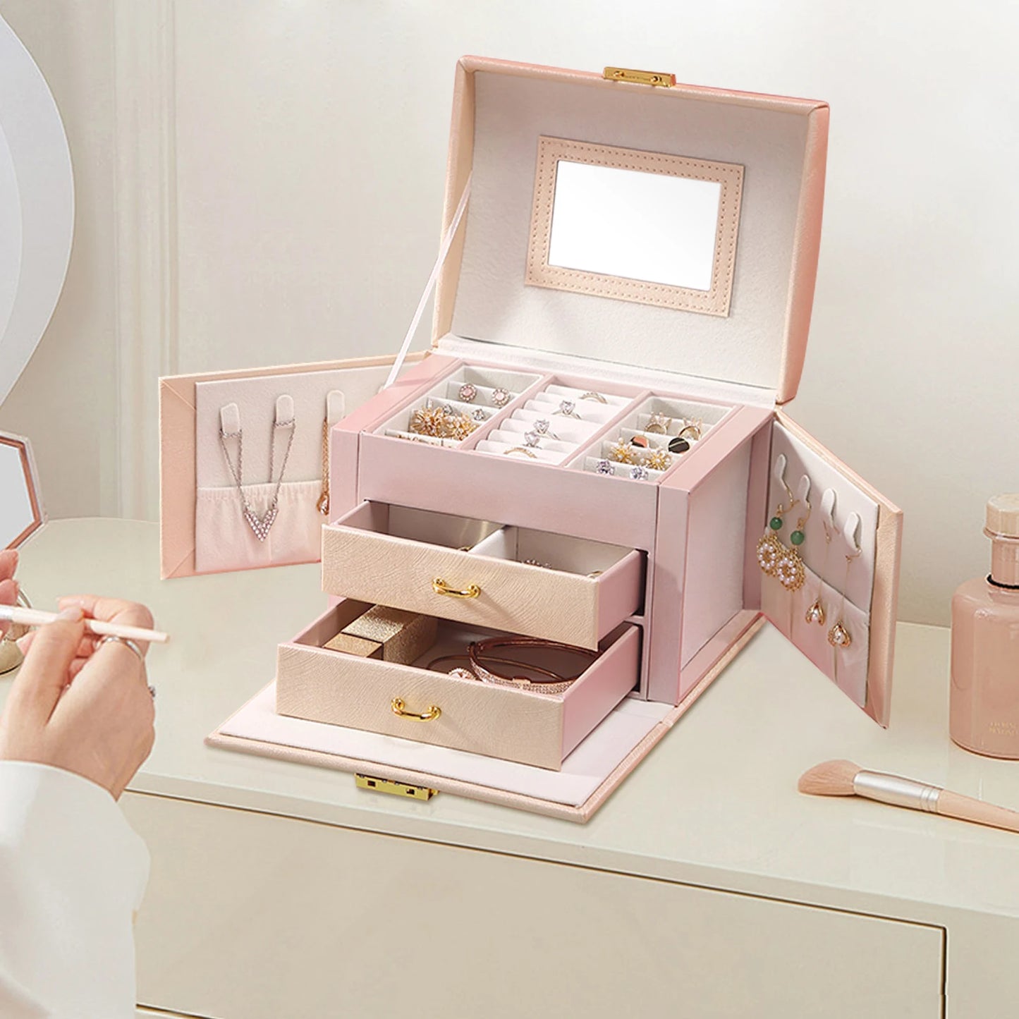 Jewelry Box for Women 3 Layers Large Jewelry Organizer with velvet Travel Jewelry Storage Organizer for Earring Ring Necklace