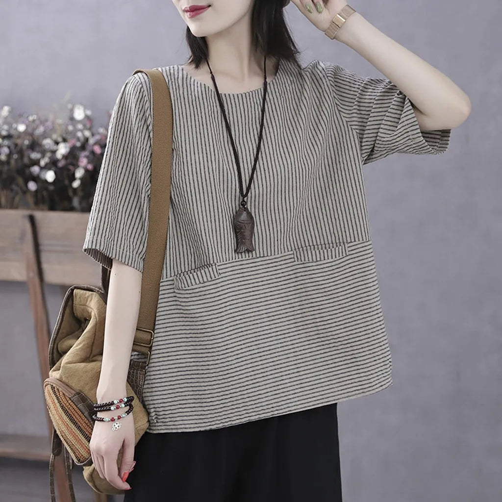 Women's Tops Fashion Loose Casual Vintage Stripe Print Floral Short Sleeves Top Blouse