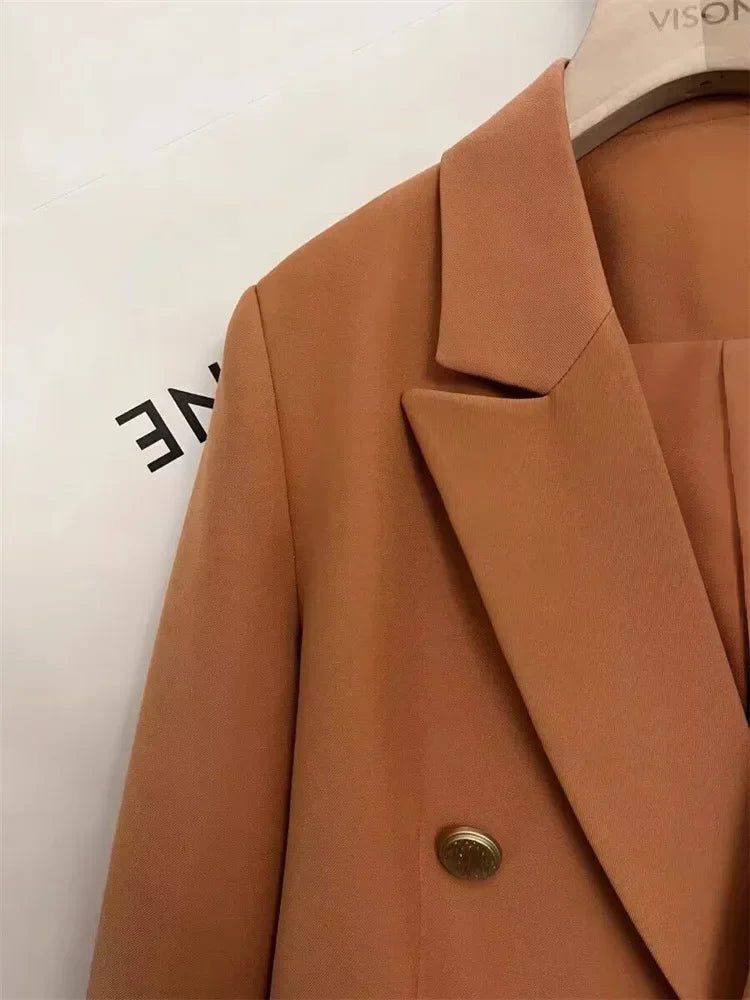 Women's Short Suit Jacket  Autumn 2025 Female Casual Suit Double-breasted Office Lady Solid Coffee Turndown Collar Blazers Women