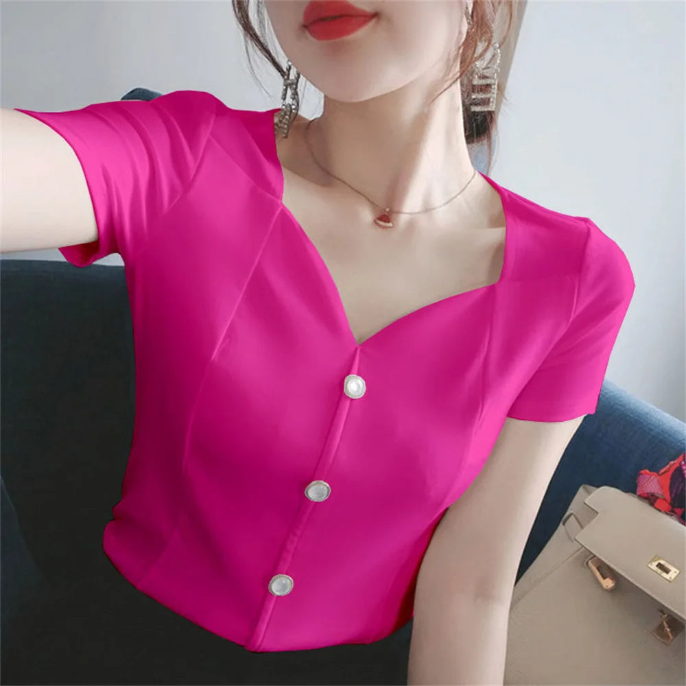 Womens Tops And Blouses Summer Short Sleeve Blouse Women Blusas Mujer De Moda 2022 Turtleneck Knitted Blouse Shirt Tops