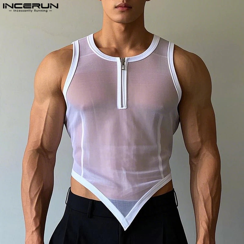 Men Tank Tops Summer Mesh See-Through Tops Tee INCERUN Sexy Sleevelesss Streetwear Party Irregular Men's Clothing Blouse S-3XL