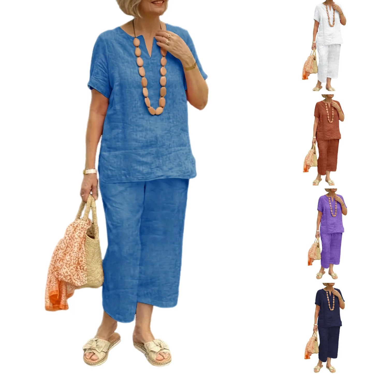 Women's Casual Suits Stylish Women's Cotton Linen Summer Suit with Wide Leg Pants Casual Loose Fit Two for Ladies for Summer