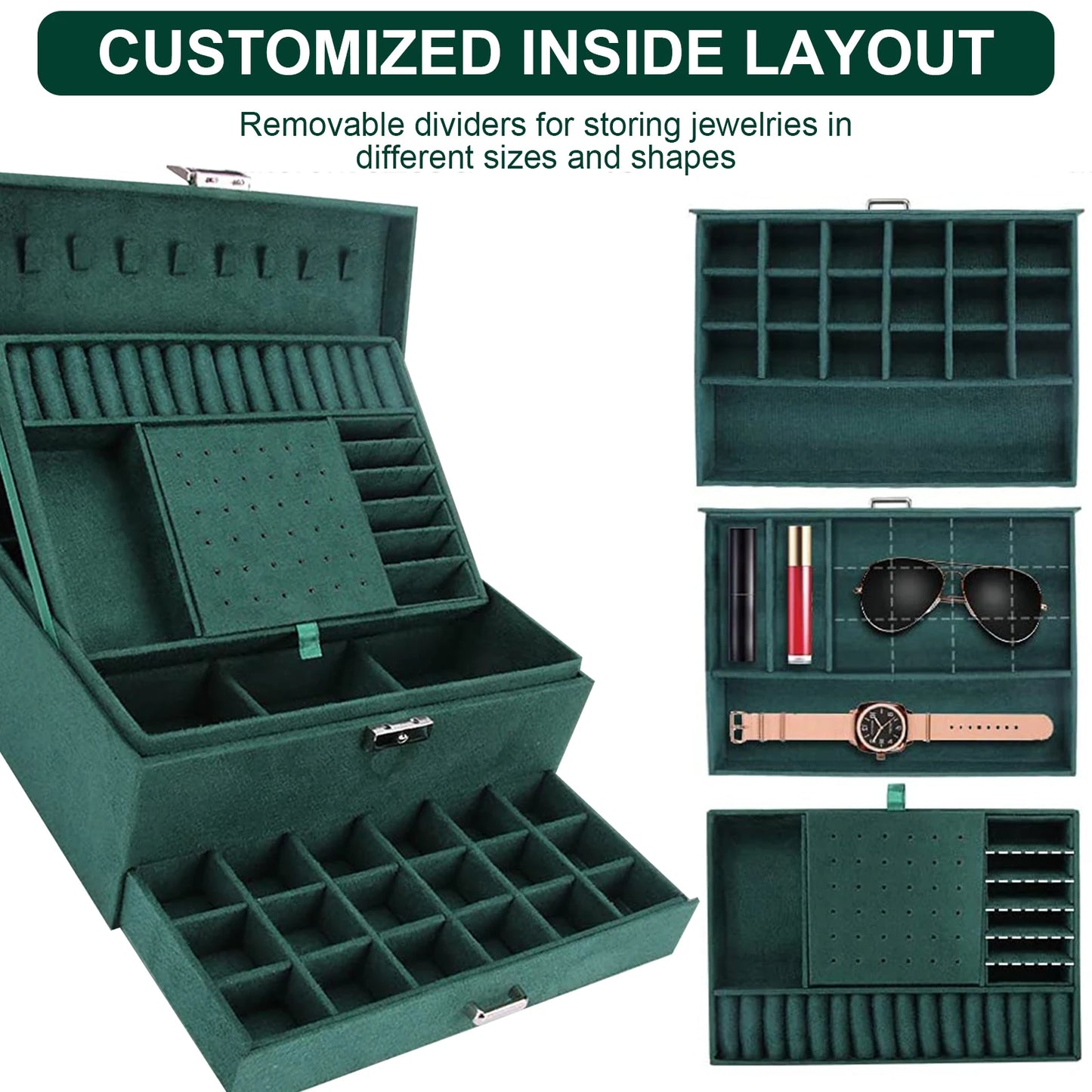 Jewelry Box for Women 3 Layers Large Jewelry Organizer with velvet Travel Jewelry Storage Organizer for Earring Ring Necklace