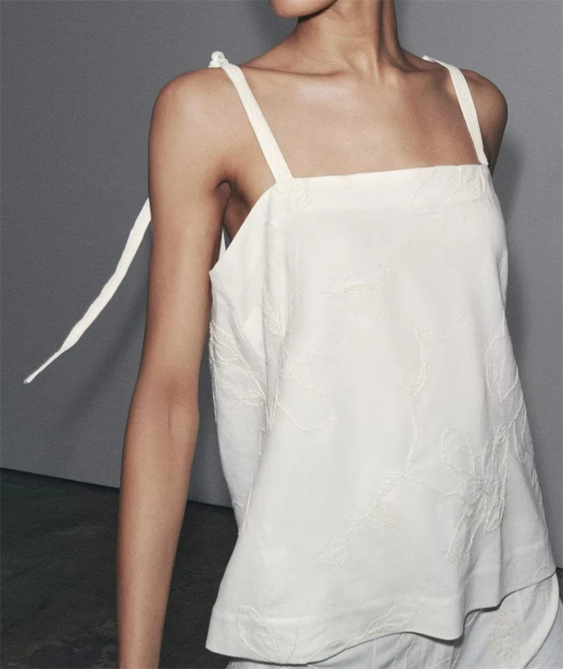 Women's suit New Summer 2025 White Camisole Wide-leg Pants Set Embroidered Trim Sexy Casual Personality Fashion