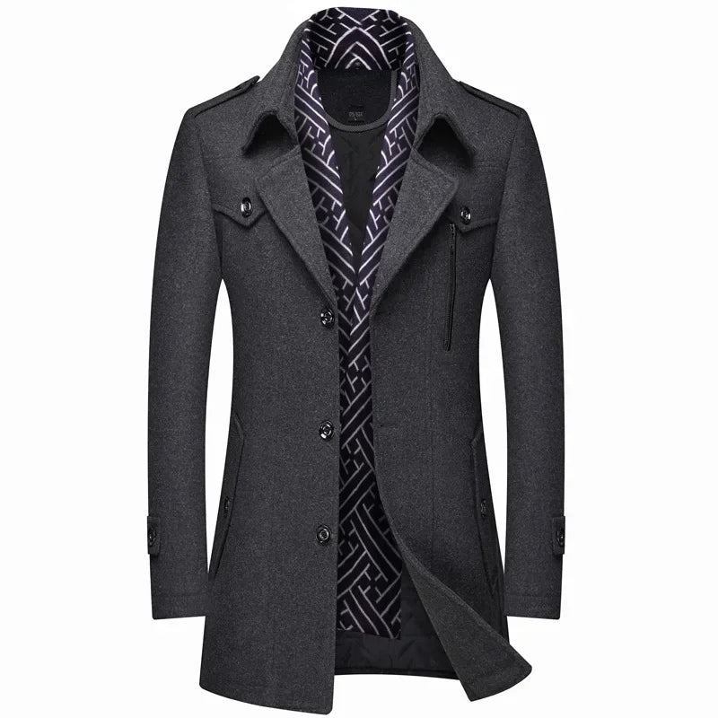 Men's Woolen Coats Fashion Thicken Mid Length Trench Turn Down Collar Warm Outerwear Business Casual Wool Coat