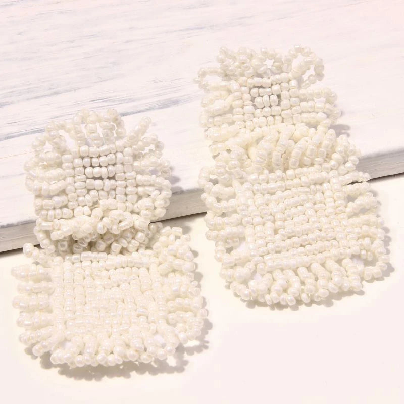 Handmade Beaded Earrings Statement Jewelry Wedding Bridal Gift Bohemian Big Square Fringed Drop Dangle Earrings Ethnic Party