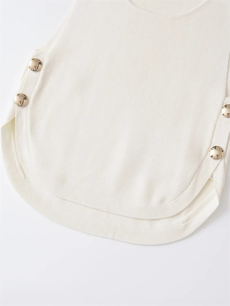 2025   Women's  Chic  Sleeveless  Top  with  Side  Buckles  Asymmetrical Hem  Casual O-neck Crop Top