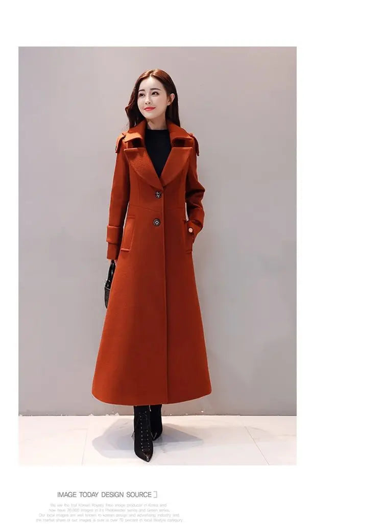 Women's Long Woolen Coat 2023 Spring Autumn New Korean Waist Slimming Over-Knee Thick Keep Warm Woolen Coat Lady Overcoat