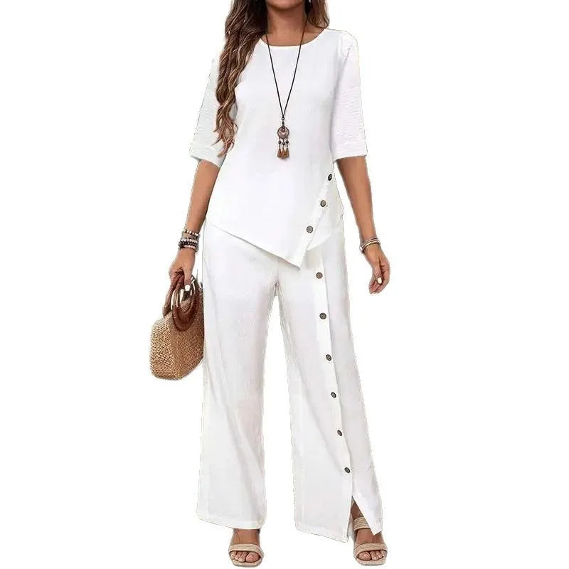 Women's Irregular Hem Trousers Set Summer Elegant Fashion Casual Button Short-sleeved Shirt Loose Casual Trousers Two-piece Set