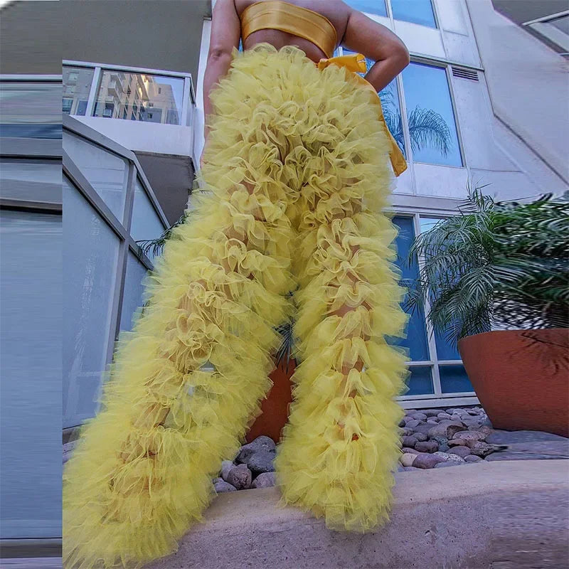 Women Pants Tulle Pants Solid Patchwork Multi-Layer Ruffle Yarn High Waist Female Trousers Fashion Trousers Club Party Costumes