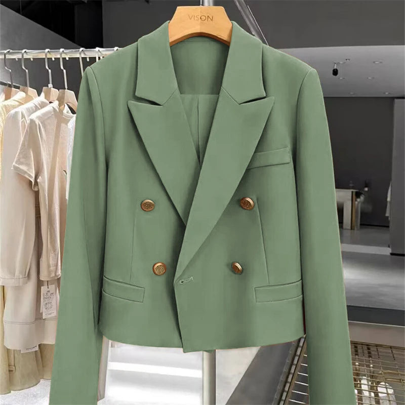 Women's Short Suit Jacket  Autumn 2025 Female Casual Suit Double-breasted Office Lady Solid Coffee Turndown Collar Blazers Women