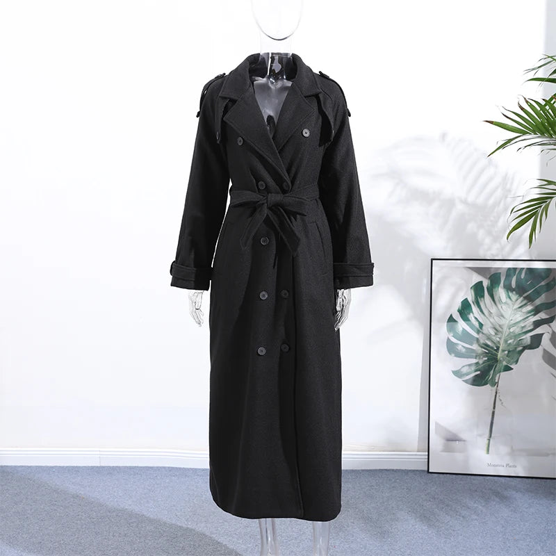 Woolen Breasted Long Coat Women Lapel Double Breasted Casual Pocket Chic Elegant Outwear Autumn Winter Street Lady Overcoat