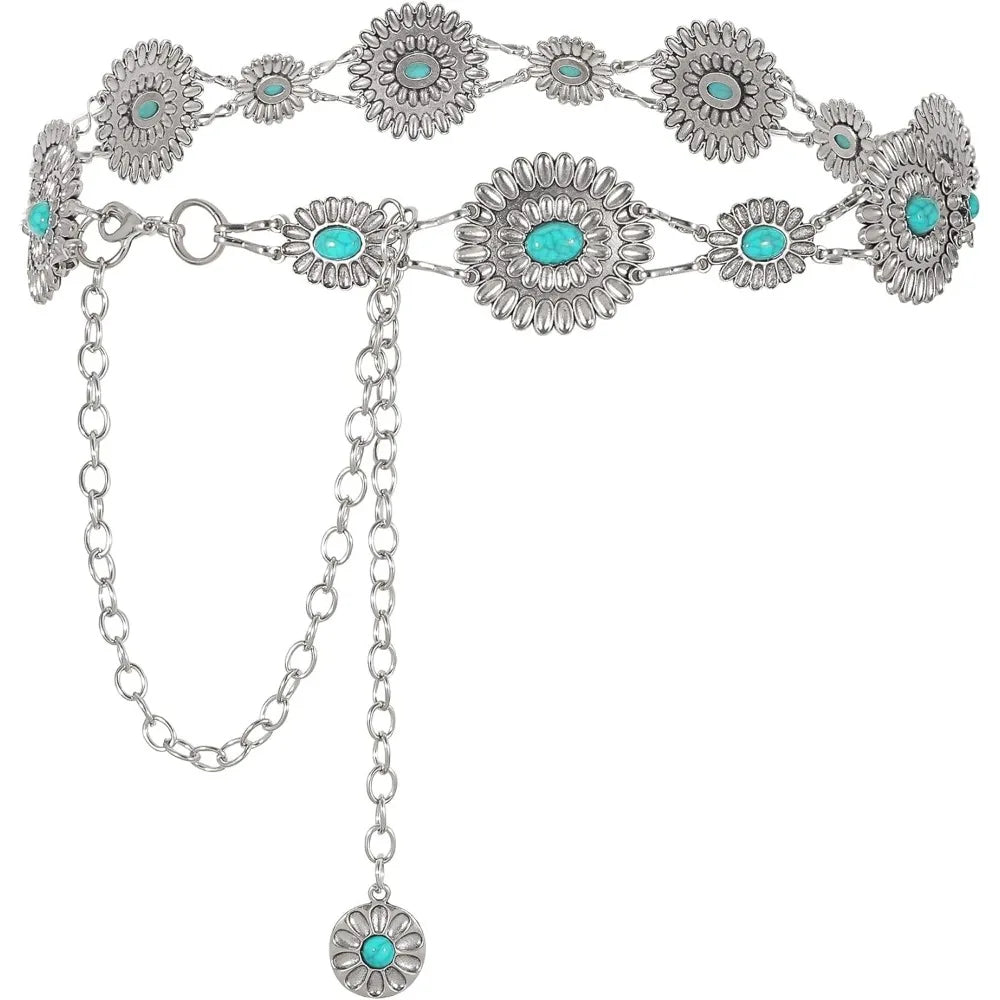 Women Concho Chain Belt Metal Link Western Cowgirl Turquoise Chain Belt for Dress