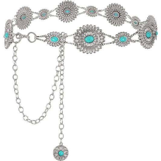 Women Concho Chain Belt Metal Link Western Cowgirl Turquoise Chain Belt for Dress
