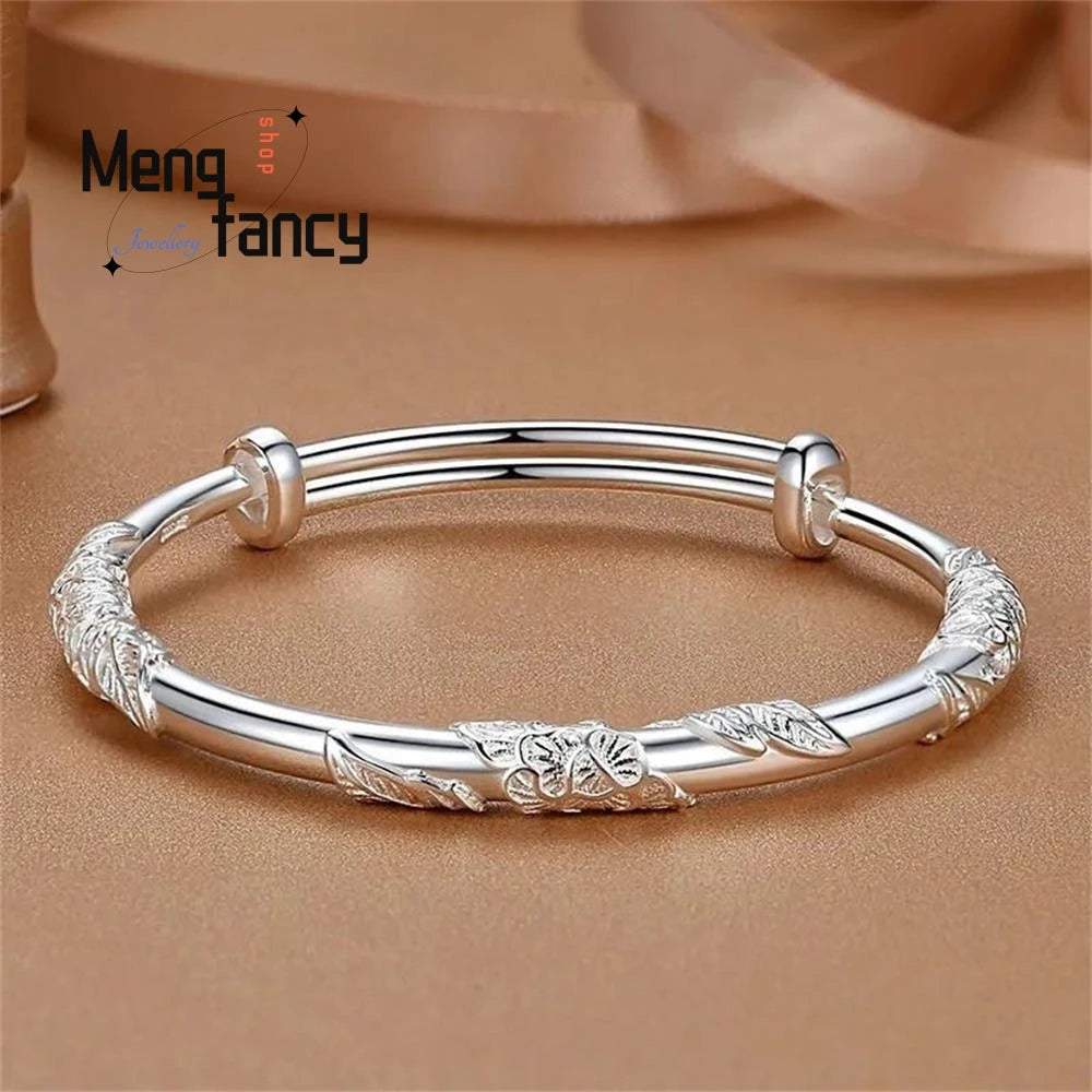 Trendy Luxury Floral Vintage Sliding Bangle - Unique Adjustable Ancient-Style Bracelet Exquisite Handcrafted Niche Jewelry Gift