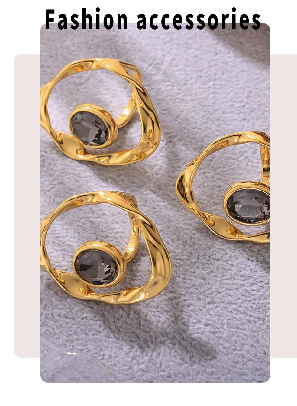 Irregular Twist Geometric Hyperbole Ring With Large Rhinestone For Women 18k Gold Plated Waterproof Women's Aesthetic Rings