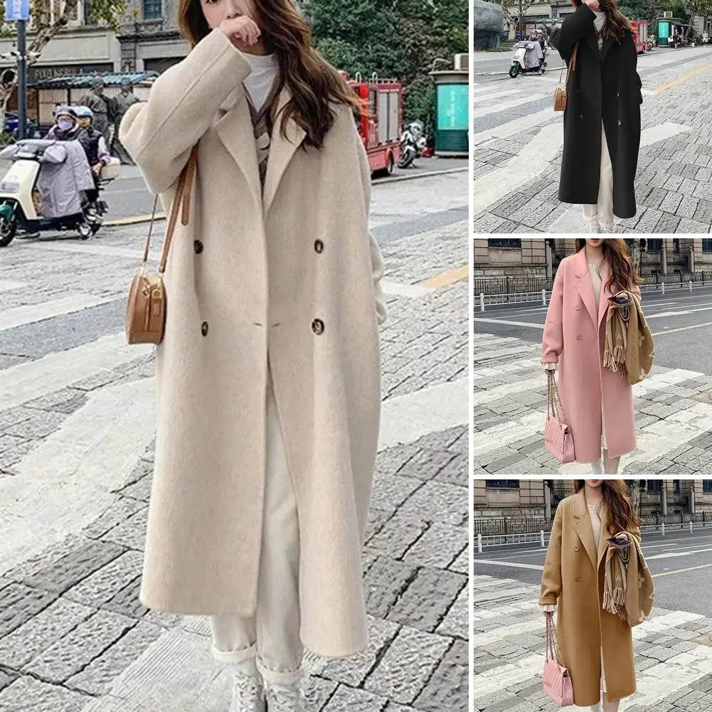 Women Woolen Coat Double-Breasted Autumn Winter New Fashion Loose Long Trench Coat Retro Loose Female Overcoat Ladies Windbreak